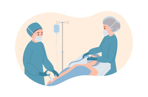 Patient in hospital lies under a sedative mask, doctors and anesthetist doing general anesthesia. Surgical anesthesia. Medical treatment care for emergency life support ill person vector illustration